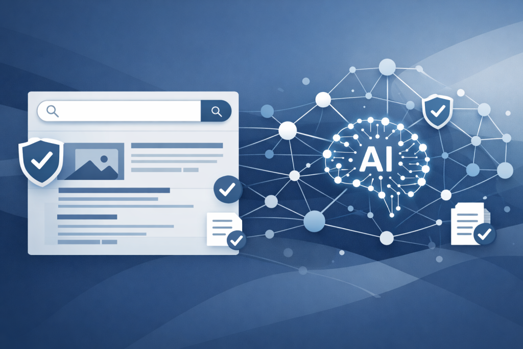 Illustration representing AI Search, content trust, and E-E-A-T quality signals
